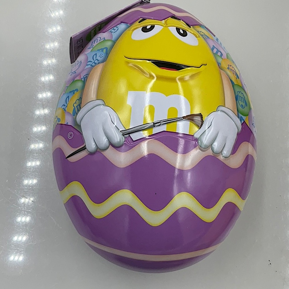 2013M&M's Two Easter Egg Tins, Red M&M On Orange Egg & Yellow M&M On Purple Egg